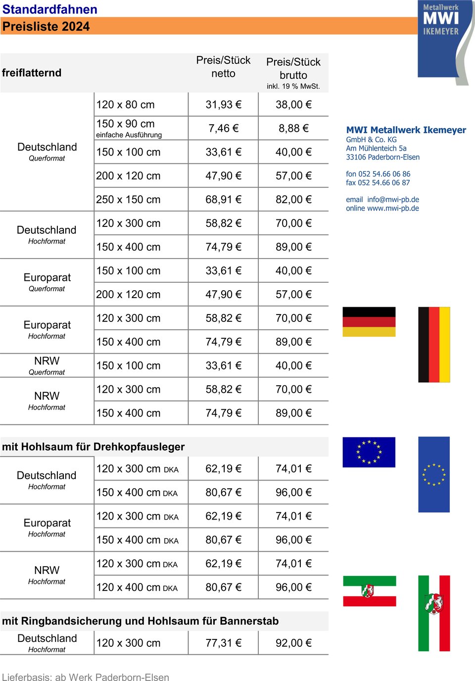 Preise für Standard-Fahnen