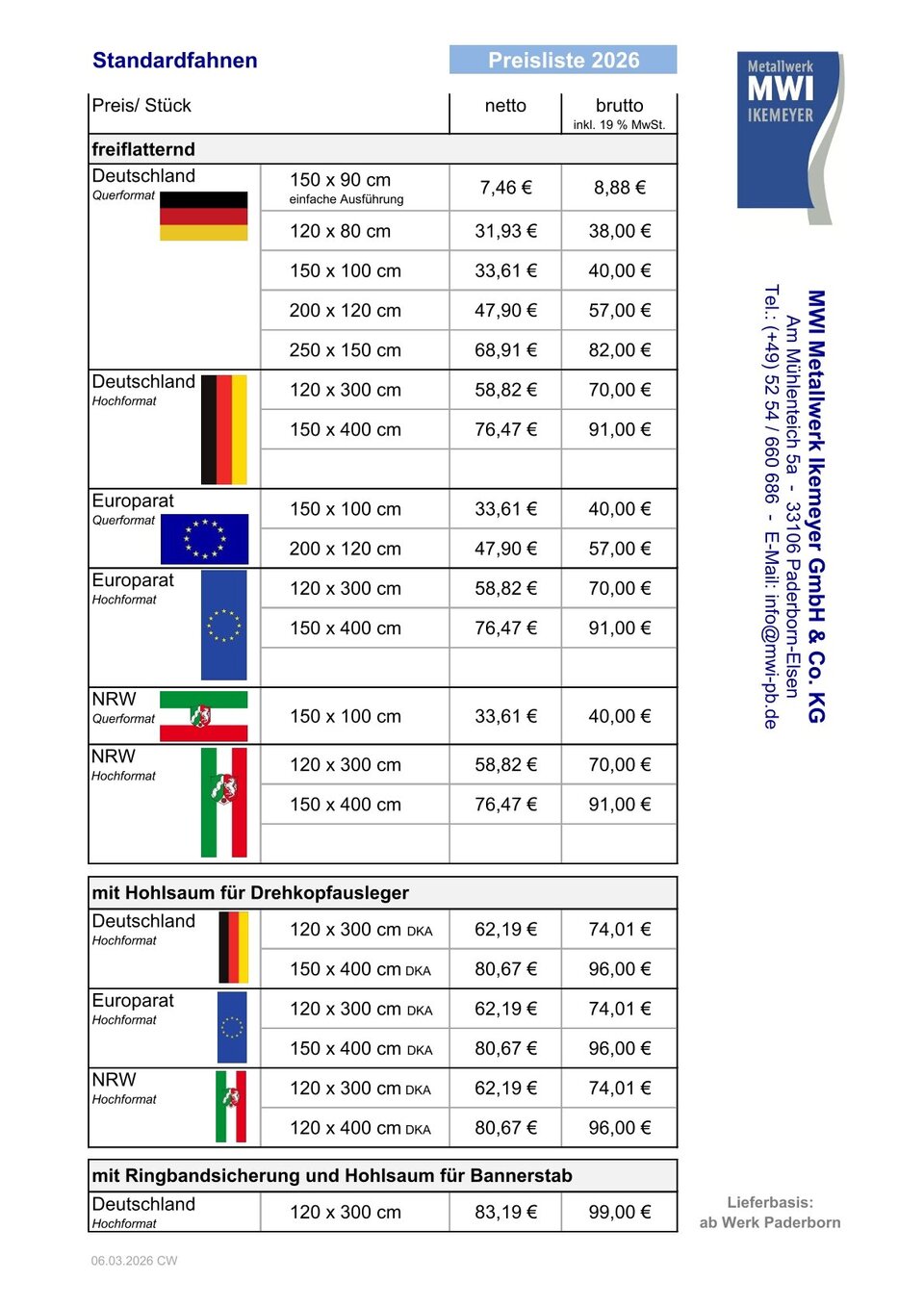 Preise für Standard-Fahnen